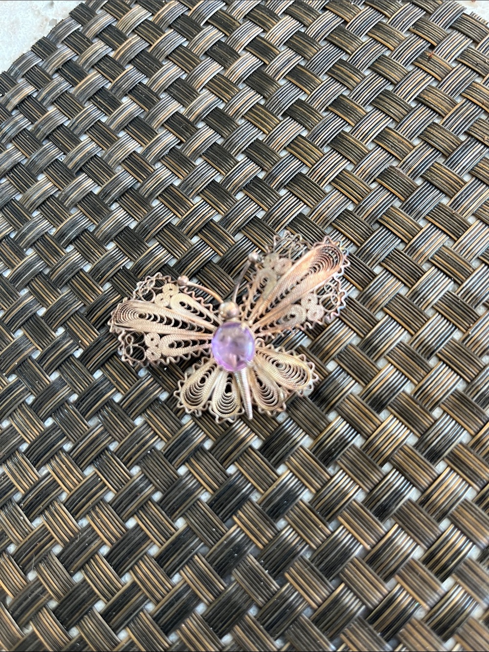 Vintage Silver Filigree Amethyst Butterfly/Floral Brooch Pin